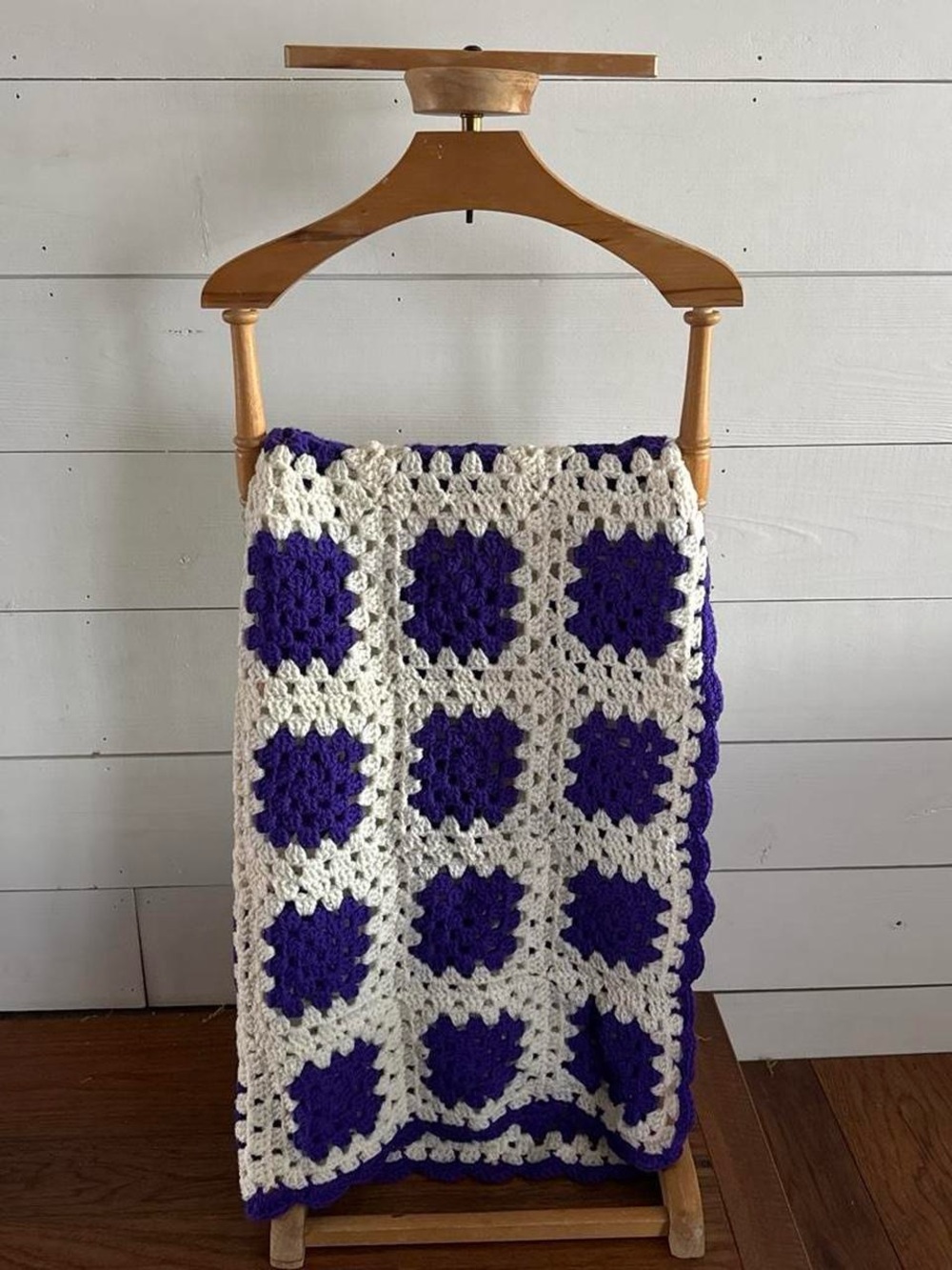 Vintage Handmade White and Purple Crochet Throw Blanket